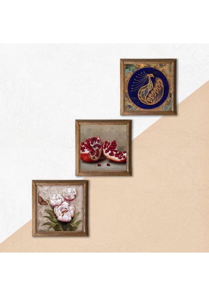 Tavus Kuşu, Kelebekli Çiçek, Nar Taş Duvar Tablosu Ahşap Çerçeveli Duvar Dekoru 3 Parça Tablo Seti Wall Art W3-1248