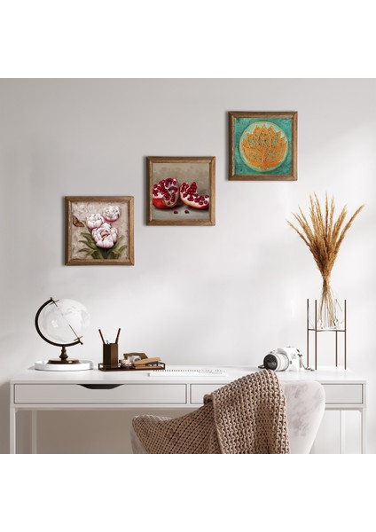 Lotus Çiçeği, Kelebekli Çiçek, Nar Ahşap Çerçeveli Taş Duvar Tablosu 3’lü Set – 25x25 cm Dekoratif Modern Sanat – Ev ve Ofis Dekoru |W3-1249|