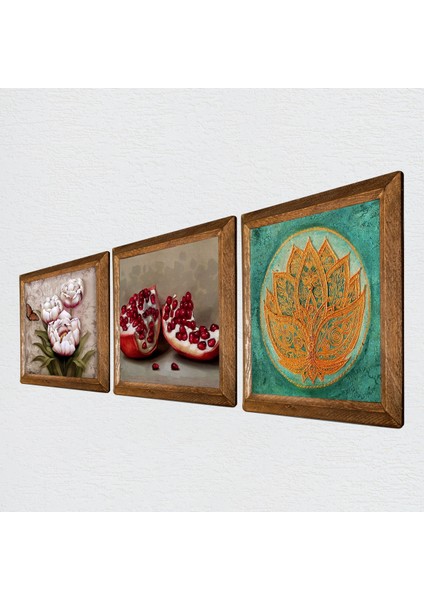 Lotus Çiçeği, Kelebekli Çiçek, Nar Ahşap Çerçeveli Taş Duvar Tablosu 3’lü Set – 25x25 cm Dekoratif Modern Sanat – Ev ve Ofis Dekoru |W3-1249| fiyatları