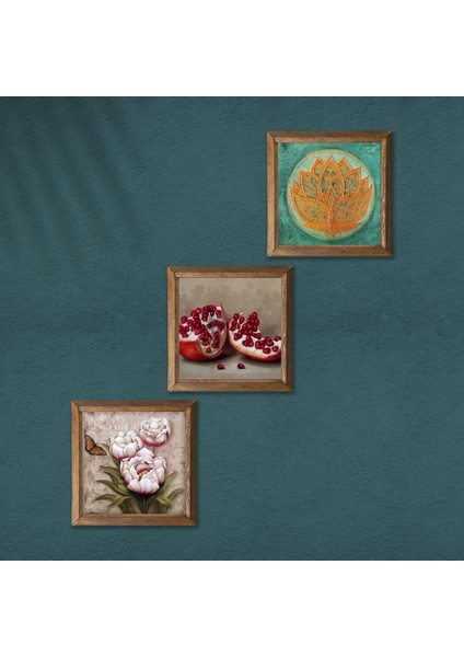 Lotus Çiçeği, Kelebekli Çiçek, Nar Ahşap Çerçeveli Taş Duvar Tablosu 3’lü Set – 25x25 cm Dekoratif Modern Sanat – Ev ve Ofis Dekoru |W3-1249| modelleri