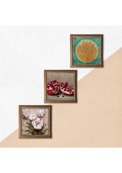 Lotus Çiçeği, Kelebekli Çiçek, Nar Ahşap Çerçeveli Taş Duvar Tablosu 3’lü Set – 25x25 cm Dekoratif Modern Sanat – Ev ve Ofis Dekoru |W3-1249| indirimleri