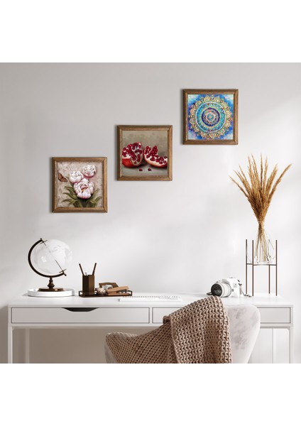 Stone Mandala, Kelebekli Çiçek, Nar Ahşap Çerçeveli Taş Duvar Tablosu 3’lü Set – 25x25 cm Dekoratif Modern Sanat – Ev ve Ofis Dekoru |W3-1256|
