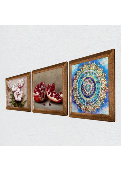 Stone Mandala, Kelebekli Çiçek, Nar Ahşap Çerçeveli Taş Duvar Tablosu 3’lü Set – 25x25 cm Dekoratif Modern Sanat – Ev ve Ofis Dekoru |W3-1256| fiyatları