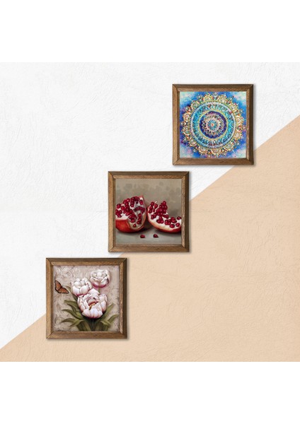 Stone Mandala, Kelebekli Çiçek, Nar Ahşap Çerçeveli Taş Duvar Tablosu 3’lü Set – 25x25 cm Dekoratif Modern Sanat – Ev ve Ofis Dekoru |W3-1256| indirimleri