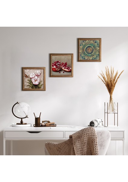 Mandala, Kelebekli Çiçek, Nar Taş Duvar Tablosu Ahşap Çerçeveli Duvar Dekoru 3 Parça Tablo Seti Wall Art W3-1258