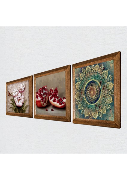 Mandala, Kelebekli Çiçek, Nar Taş Duvar Tablosu Ahşap Çerçeveli Duvar Dekoru 3 Parça Tablo Seti Wall Art W3-1258 fiyatları