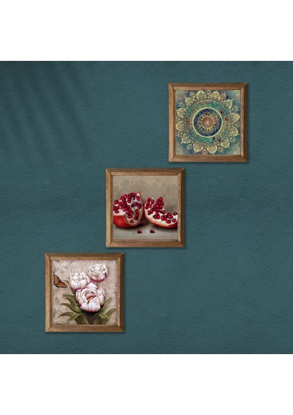 Mandala, Kelebekli Çiçek, Nar Taş Duvar Tablosu Ahşap Çerçeveli Duvar Dekoru 3 Parça Tablo Seti Wall Art W3-1258 modelleri