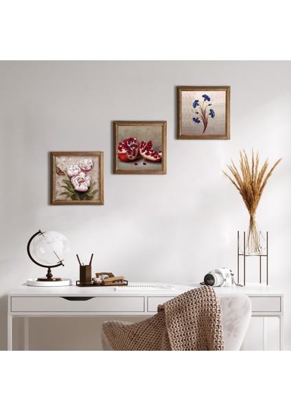 Ebru Sanatı, Kelebekli Çiçek, Nar Taş Duvar Tablosu Ahşap Çerçeveli Duvar Dekoru 3 Parça Tablo Seti Wall Art W3-1260