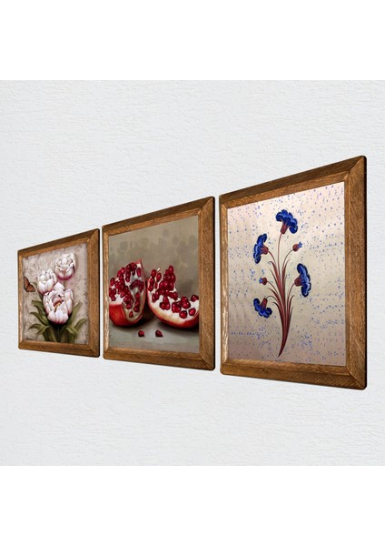 Ebru Sanatı, Kelebekli Çiçek, Nar Taş Duvar Tablosu Ahşap Çerçeveli Duvar Dekoru 3 Parça Tablo Seti Wall Art W3-1260