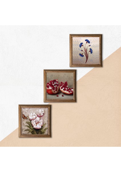 Ebru Sanatı, Kelebekli Çiçek, Nar Taş Duvar Tablosu Ahşap Çerçeveli Duvar Dekoru 3 Parça Tablo Seti Wall Art W3-1260