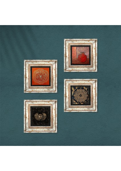 Horus'un Gözü, Sri Yantra, Nar Taş Duvar Tablosu Çerçeveli Duvar Dekoru 4 Parça Tablo Seti Wall Art T4-116