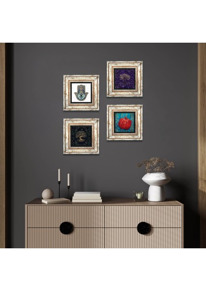 Hayat Ağacı, Nar, Fatma Ana Eli (Hamsa) Taş Duvar Tablosu Çerçeveli Duvar Dekoru 4 Parça Tablo Seti Wall Art T4-1167