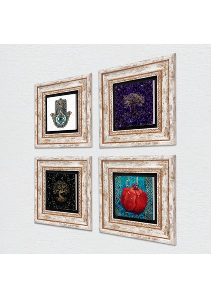Hayat Ağacı, Nar, Fatma Ana Eli (Hamsa) Taş Duvar Tablosu Çerçeveli Duvar Dekoru 4 Parça Tablo Seti Wall Art T4-1167