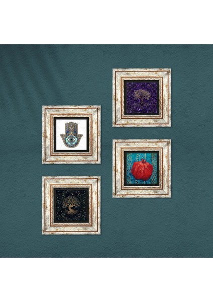 Hayat Ağacı, Nar, Fatma Ana Eli (Hamsa) Taş Duvar Tablosu Çerçeveli Duvar Dekoru 4 Parça Tablo Seti Wall Art T4-1167