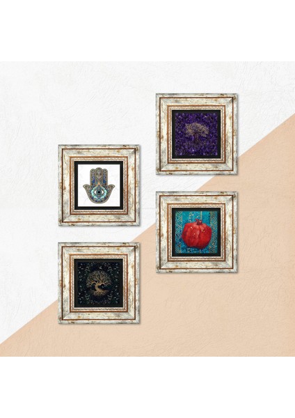 Hayat Ağacı, Nar, Fatma Ana Eli (Hamsa) Taş Duvar Tablosu Çerçeveli Duvar Dekoru 4 Parça Tablo Seti Wall Art T4-1167