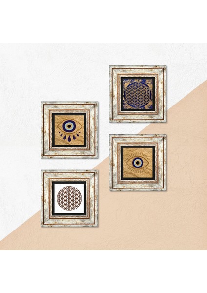 Nazar, Yaşam Çiçeği Çerçeveli Taş Duvar Tablosu 4’lü Set - Dekoratif Modern Sanat, Ev ve Ofis Dekoru |TK4-1488| indirimleri