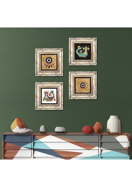 Stone Nazar, Şahmeran Çerçeveli Taş Duvar Tablosu 4’lü Set - Dekoratif Modern Sanat, Ev ve Ofis Dekoru |TK4-1495|