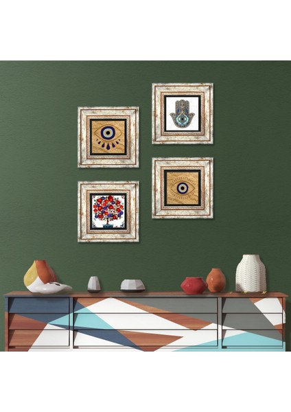 Nazar, Nar Ağacı, Fatma Ana Eli (Hamsa) Çerçeveli Taş Duvar Tablosu 4’lü Set - Dekoratif Modern Sanat, Ev ve Ofis Dekoru |TK4-1498|