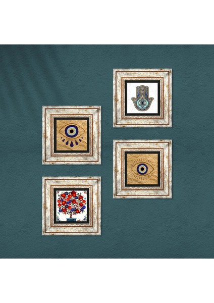 Nazar, Nar Ağacı, Fatma Ana Eli (Hamsa) Çerçeveli Taş Duvar Tablosu 4’lü Set - Dekoratif Modern Sanat, Ev ve Ofis Dekoru |TK4-1498| fırsatları