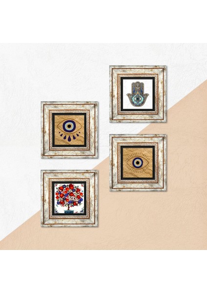 Nazar, Nar Ağacı, Fatma Ana Eli (Hamsa) Çerçeveli Taş Duvar Tablosu 4’lü Set - Dekoratif Modern Sanat, Ev ve Ofis Dekoru |TK4-1498| indirimleri