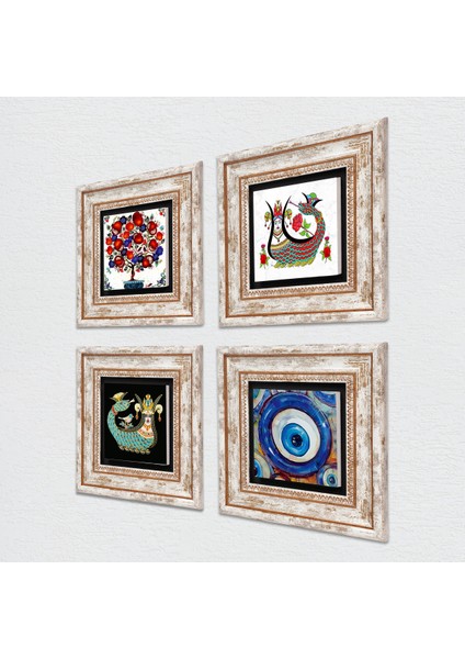 Nazar, Şahmeran, Nar Ağacı Çerçeveli Taş Duvar Tablosu 4’lü Set - Dekoratif Modern Sanat, Ev ve Ofis Dekoru |TK4-1504| fiyatları