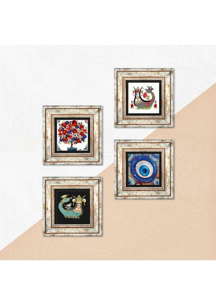 Nazar, Şahmeran, Nar Ağacı Çerçeveli Taş Duvar Tablosu 4’lü Set - Dekoratif Modern Sanat, Ev ve Ofis Dekoru |TK4-1504| indirimleri