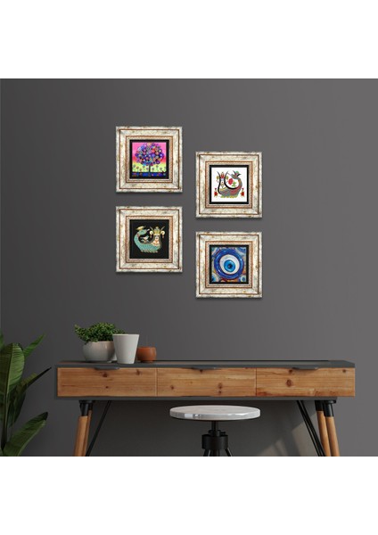 Nazar, Hayat Ağacı, Şahmeran Taş Duvar Tablosu Çerçeveli Duvar Dekoru 4 Parça Tablo Seti Wall Art T4-1507