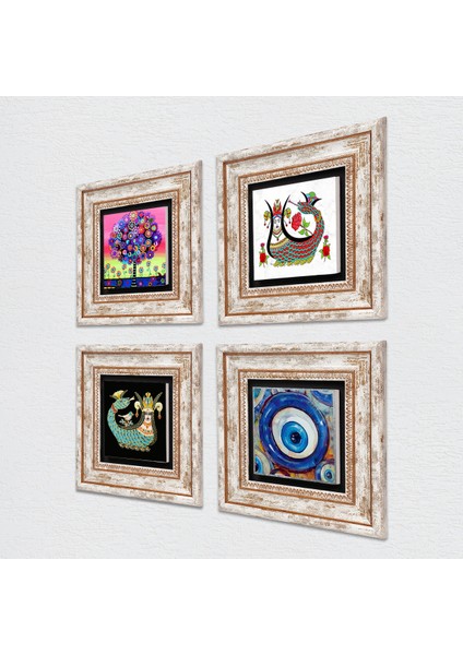 Nazar, Hayat Ağacı, Şahmeran Taş Duvar Tablosu Çerçeveli Duvar Dekoru 4 Parça Tablo Seti Wall Art T4-1507