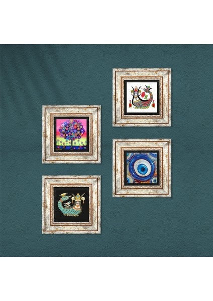 Nazar, Hayat Ağacı, Şahmeran Taş Duvar Tablosu Çerçeveli Duvar Dekoru 4 Parça Tablo Seti Wall Art T4-1507