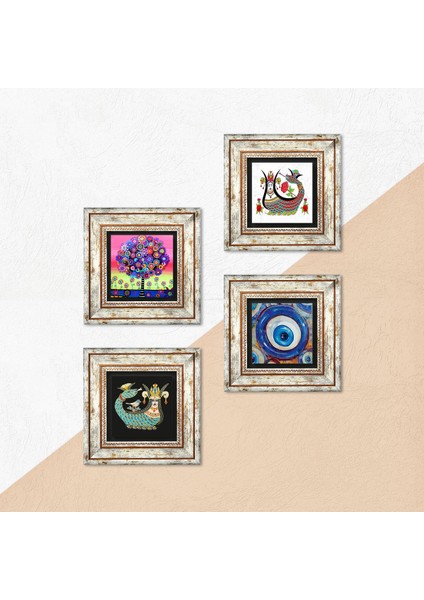 Nazar, Hayat Ağacı, Şahmeran Taş Duvar Tablosu Çerçeveli Duvar Dekoru 4 Parça Tablo Seti Wall Art T4-1507