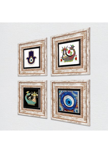 Stone Fatma Ana Eli (Hamsa), Nazar, Şahmeran Çerçeveli Taş Duvar Tablosu 4’lü Set - Dekoratif Modern Sanat, Ev ve Ofis Dekoru |TK4-1513| fiyatları