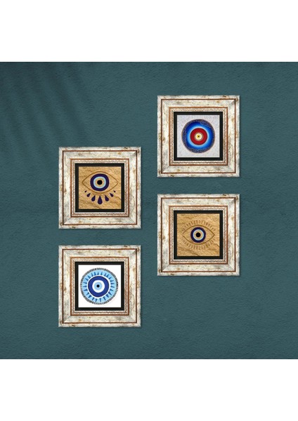 Stone Nazar Çerçeveli Taş Duvar Tablosu 4’lü Set - Dekoratif Modern Sanat, Ev ve Ofis Dekoru |TK4-1490| fırsatları
