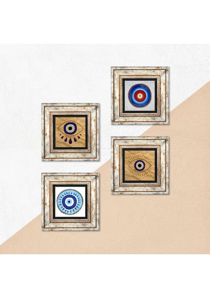 Stone Nazar Çerçeveli Taş Duvar Tablosu 4’lü Set - Dekoratif Modern Sanat, Ev ve Ofis Dekoru |TK4-1490| indirimleri