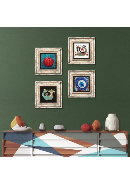 Nazar, Şahmeran, Nar Çerçeveli Taş Duvar Tablosu 4’lü Set - Dekoratif Modern Sanat, Ev ve Ofis Dekoru |TK4-1506|