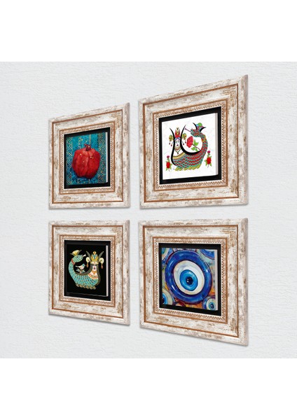 Nazar, Şahmeran, Nar Çerçeveli Taş Duvar Tablosu 4’lü Set - Dekoratif Modern Sanat, Ev ve Ofis Dekoru |TK4-1506| fiyatları