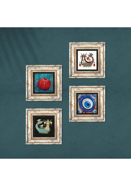 Nazar, Şahmeran, Nar Çerçeveli Taş Duvar Tablosu 4’lü Set - Dekoratif Modern Sanat, Ev ve Ofis Dekoru |TK4-1506| fırsatları