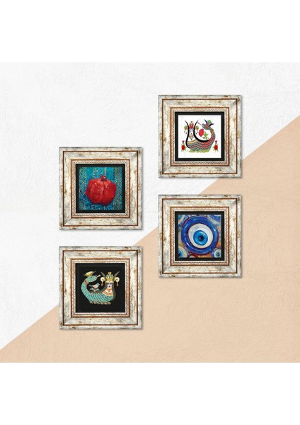 Nazar, Şahmeran, Nar Çerçeveli Taş Duvar Tablosu 4’lü Set - Dekoratif Modern Sanat, Ev ve Ofis Dekoru |TK4-1506| indirimleri