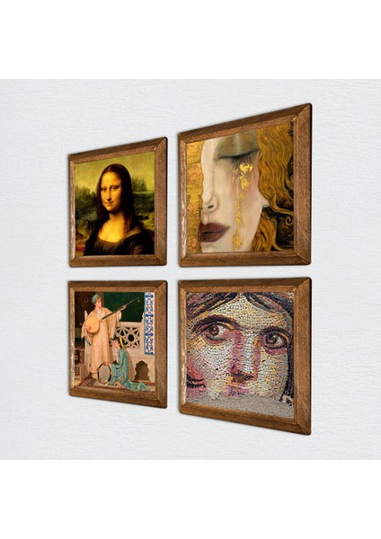 Çingene Kızı, Gustav Klimt, İki Müzisyen Kız, Leonardo da Vinci Taş Duvar Tablosu Ahşap Çerçeveli Duvar Dekoru 4 Parça Tablo Seti Wall Art W4-957