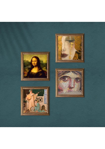 Çingene Kızı, Gustav Klimt, İki Müzisyen Kız, Leonardo da Vinci Taş Duvar Tablosu Ahşap Çerçeveli Duvar Dekoru 4 Parça Tablo Seti Wall Art W4-957
