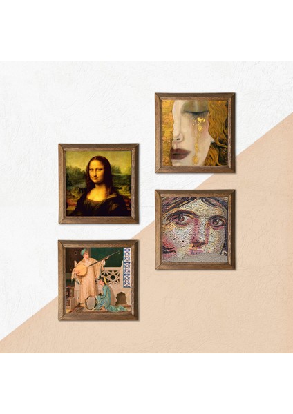 Çingene Kızı, Gustav Klimt, İki Müzisyen Kız, Leonardo da Vinci Taş Duvar Tablosu Ahşap Çerçeveli Duvar Dekoru 4 Parça Tablo Seti Wall Art W4-957
