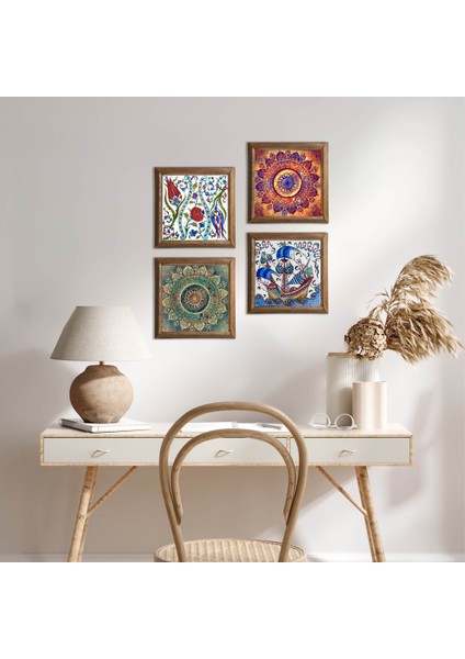 Mandala, Lale, Çini Sanatı Yelkenli Gemi Taş Duvar Tablosu Ahşap Çerçeveli Duvar Dekoru 4 Parça Tablo Seti Wall Art W4-962