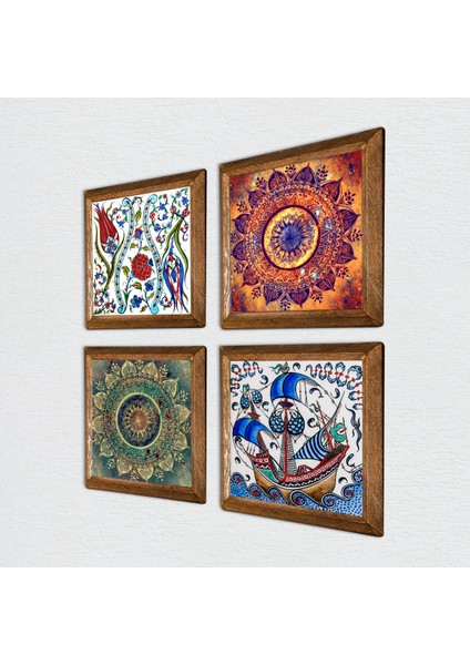 Mandala, Lale, Çini Sanatı Yelkenli Gemi Taş Duvar Tablosu Ahşap Çerçeveli Duvar Dekoru 4 Parça Tablo Seti Wall Art W4-962