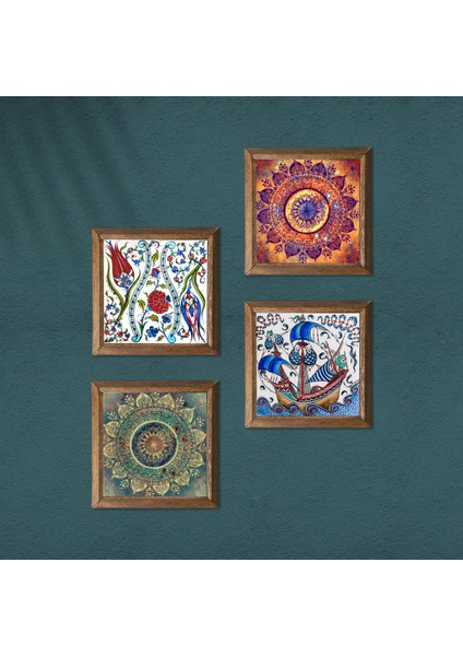 Mandala, Lale, Çini Sanatı Yelkenli Gemi Taş Duvar Tablosu Ahşap Çerçeveli Duvar Dekoru 4 Parça Tablo Seti Wall Art W4-962