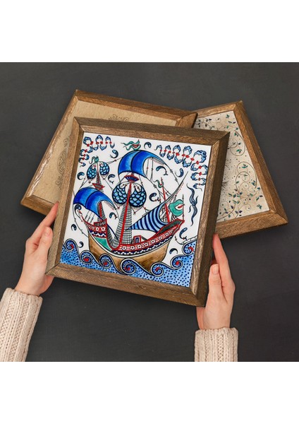 Mandala, Lale, Çini Sanatı Yelkenli Gemi Taş Duvar Tablosu Ahşap Çerçeveli Duvar Dekoru 4 Parça Tablo Seti Wall Art W4-962
