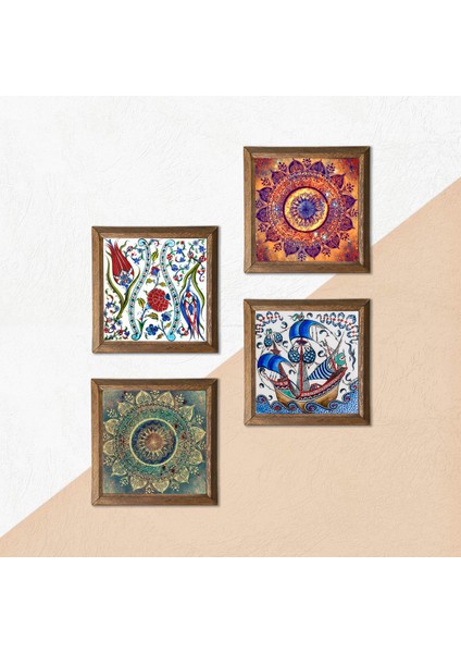 Mandala, Lale, Çini Sanatı Yelkenli Gemi Taş Duvar Tablosu Ahşap Çerçeveli Duvar Dekoru 4 Parça Tablo Seti Wall Art W4-962