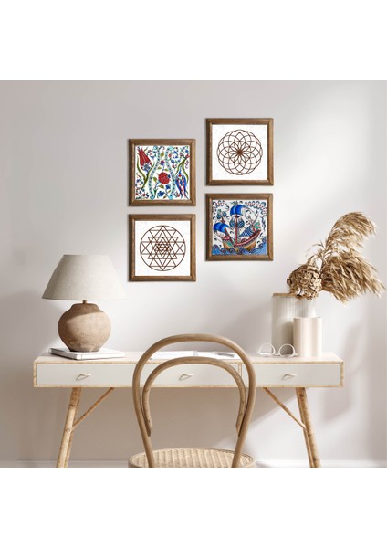 Stone Çini Sanatı Yelkenli Gemi, Lale, Yaşam Çiçeği, Sri Yantra Ahşap Çerçeveli Taş Duvar Tablosu 4’lü Set – 25x25 cm Dekoratif Modern Sanat – Ev ve Ofis Dekoru |W4-967|