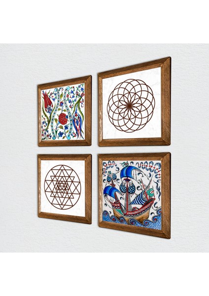 Stone Çini Sanatı Yelkenli Gemi, Lale, Yaşam Çiçeği, Sri Yantra Ahşap Çerçeveli Taş Duvar Tablosu 4’lü Set – 25x25 cm Dekoratif Modern Sanat – Ev ve Ofis Dekoru |W4-967| fiyatları