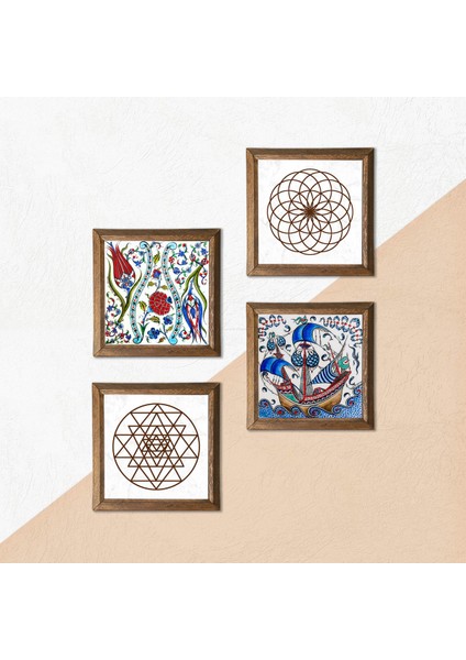 Stone Çini Sanatı Yelkenli Gemi, Lale, Yaşam Çiçeği, Sri Yantra Ahşap Çerçeveli Taş Duvar Tablosu 4’lü Set – 25x25 cm Dekoratif Modern Sanat – Ev ve Ofis Dekoru |W4-967| indirimleri