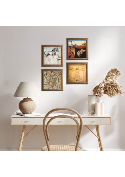 Salvador Dalí, Mozaik Serisi, Leonardo da Vinci Ahşap Çerçeveli Taş Duvar Tablosu 4’lü Set – 25x25 cm Dekoratif Modern Sanat – Ev ve Ofis Dekoru |W4-975|