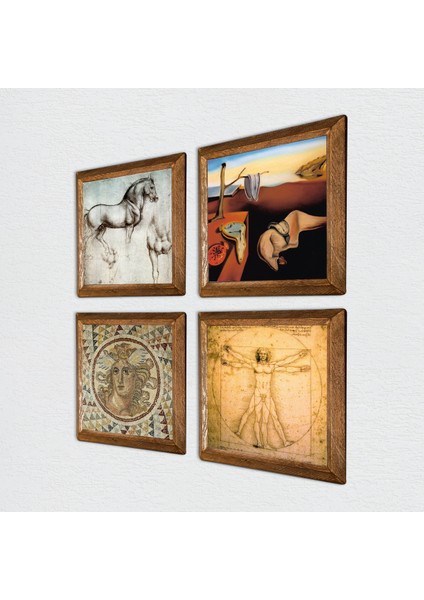Salvador Dalí, Mozaik Serisi, Leonardo da Vinci Ahşap Çerçeveli Taş Duvar Tablosu 4’lü Set – 25x25 cm Dekoratif Modern Sanat – Ev ve Ofis Dekoru |W4-975| fiyatları